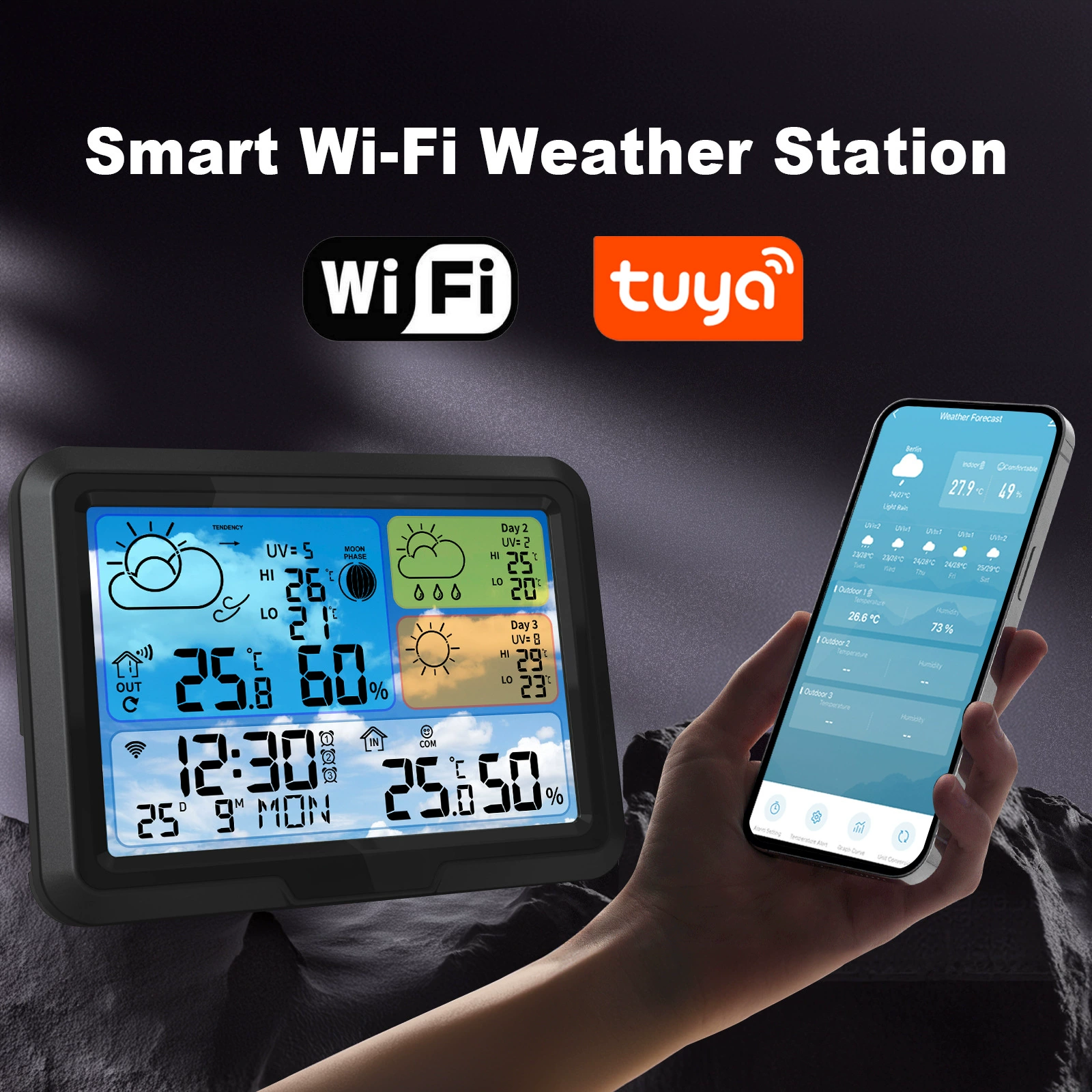 Умная погодная станция по Wi‑Fi (Tuya) — внутри/снаружи температура и влажность, прогноз на 3 дня, цветной дисплей