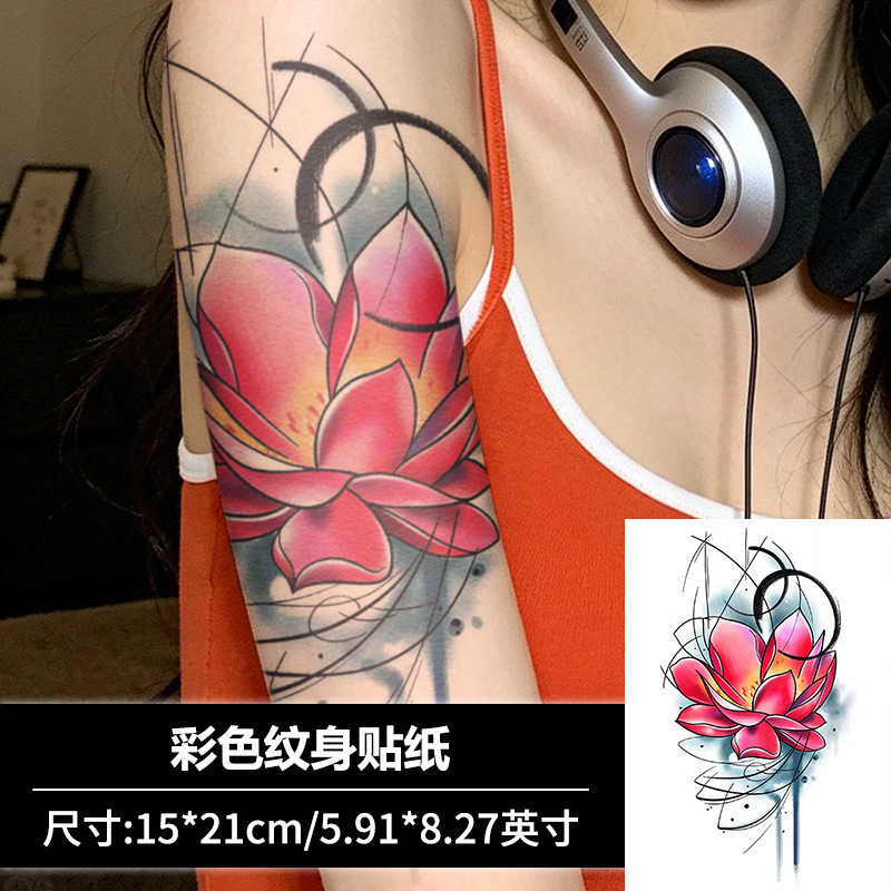 Abstract line red lotus tattoo sticker, colorful lotus sticker for upper arm and forearm, waterproof temporary tattoo sticker