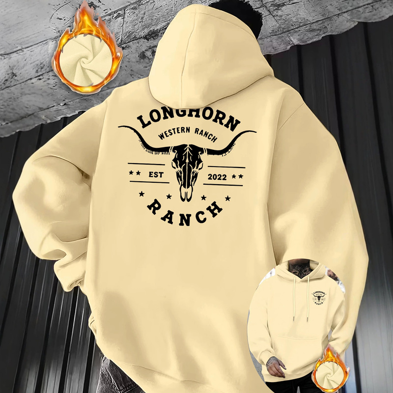 Cross-border Western Ranch Longhorn Cow Skull Print Hoodie American Style Fleece-Lined Warm Loose Men's Pullover Hoodie Cross-border Western Ranch Longhorn Cow Skull Print Hoodie American Style Fleece-Lined Warm Loose Men's Pullover Hoodie