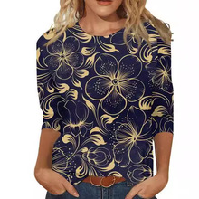 2023春夏新款亚马逊wish欧美跨境女装 宽松圆领七分袖印花T恤女