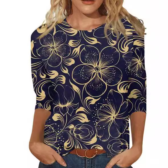 2023春夏新款亚马逊wish欧美跨境女装 宽松圆领七分袖印花T恤女