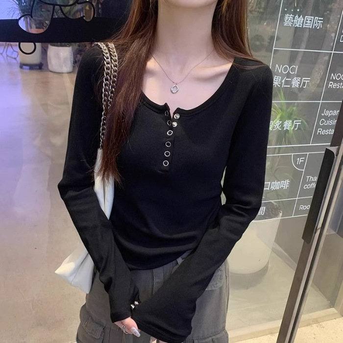 春秋设计感内搭外穿打底上衣女 半开领排扣修身百搭通勤正肩上衣|undefined