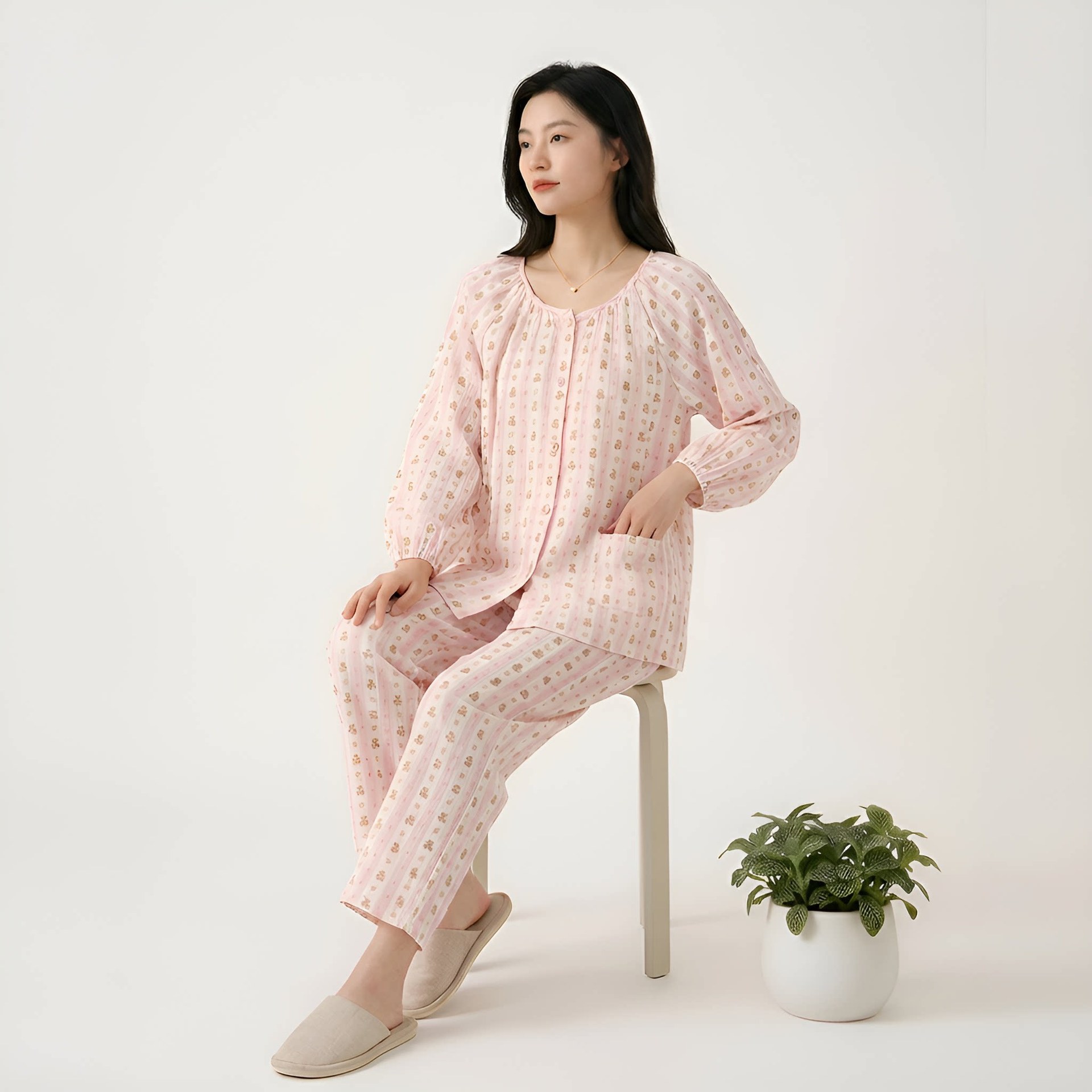 신상 캐릭터 세로 줄무늬 곰돌이 순면 이중 거즈 산후복 봄 가을 임신 후 수