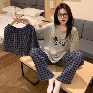 New Double Short Pajamas for Women, Short and Long Cartoon Cute Round Neck Pullover for Girls, Casual Three-Piece Home Clothes That Can Be Worn Outside