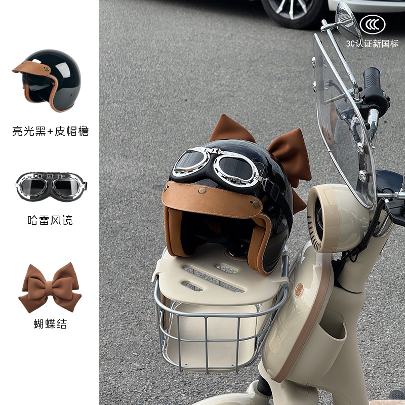 Motosiklet kaskı (dəbilqə) – Motuoche Half Helmet 3C Certified - gloss-black-harley-goggles-brown-bow-m