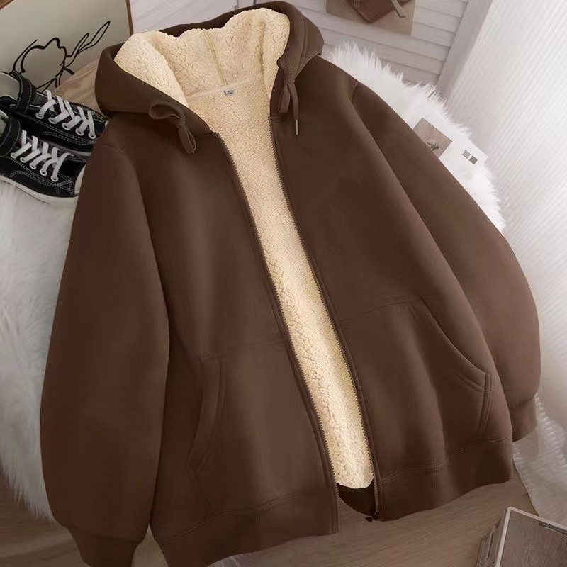 秋冬季纯色开衫卫衣男女韩版潮流ins加绒加厚保暖大码羊羔绒外套