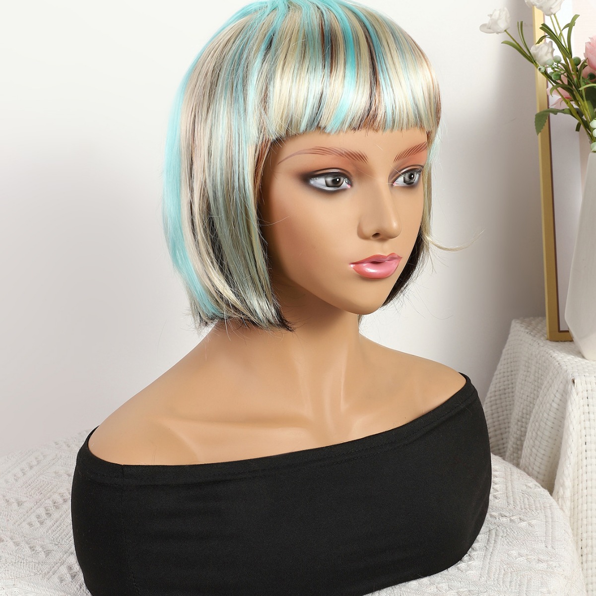 Transfronterizo nuevo azul mezcla de color gradiente largo 12 pulgadas sin encaje pelo recto europeo y brasileño peluca