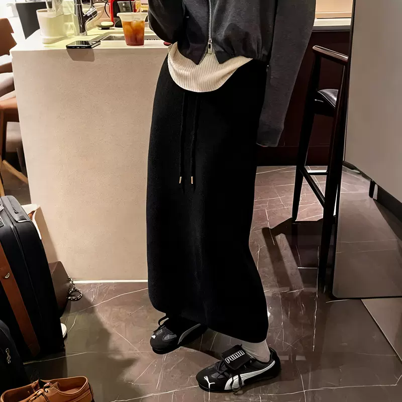 灰色设计感开叉针织半身裙女秋冬松紧腰抽绳百搭裙子中长款直筒裙