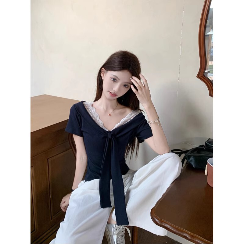 Modal Lace Patchwork Short Sleeve T-Shirt for Women, Summer Niche Tie V-Neck Slimming Top Wholesale