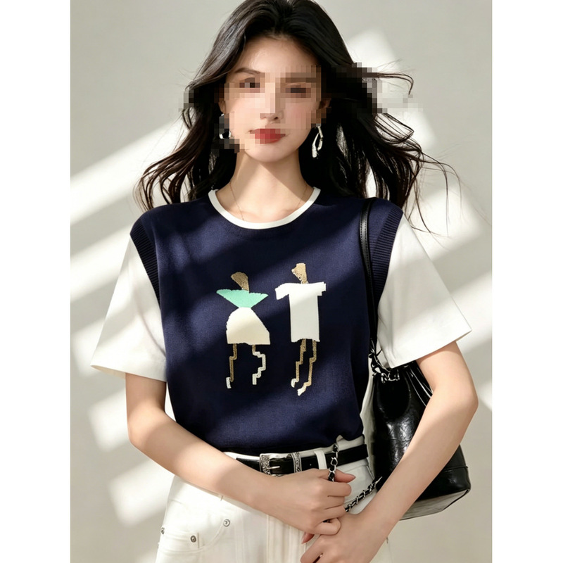 Fake Two-Piece Color-Blocked Knit Sweater with Jacquard Embroidery Pattern Short-Sleeve T-Shirt 65kg Neipu Village