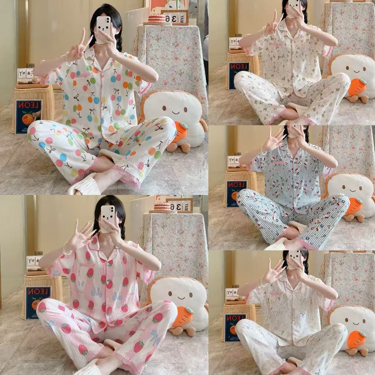 Pijamas de algodón de nube al por mayor transfronterizo para mujer verano de manga corta con costuras de encaje cardigan solapa pantalones de manga corta traje de servicio a domicilio