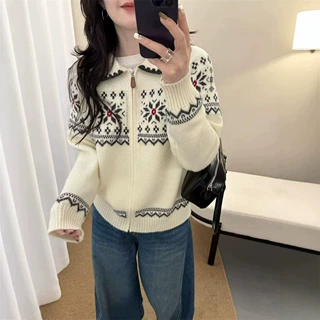 费尔岛复古提花立领拉链毛衣开衫女26秋冬新款软糯加厚针织衫外套