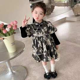 2025秋季女孩新式长袖连衣裙设计感泡泡袖假两件女童旗袍裙公主裙