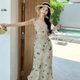 长款抹胸连衣裙带花朵腰带褶皱蓬蓬裙扎染欧货夏季公主裙女