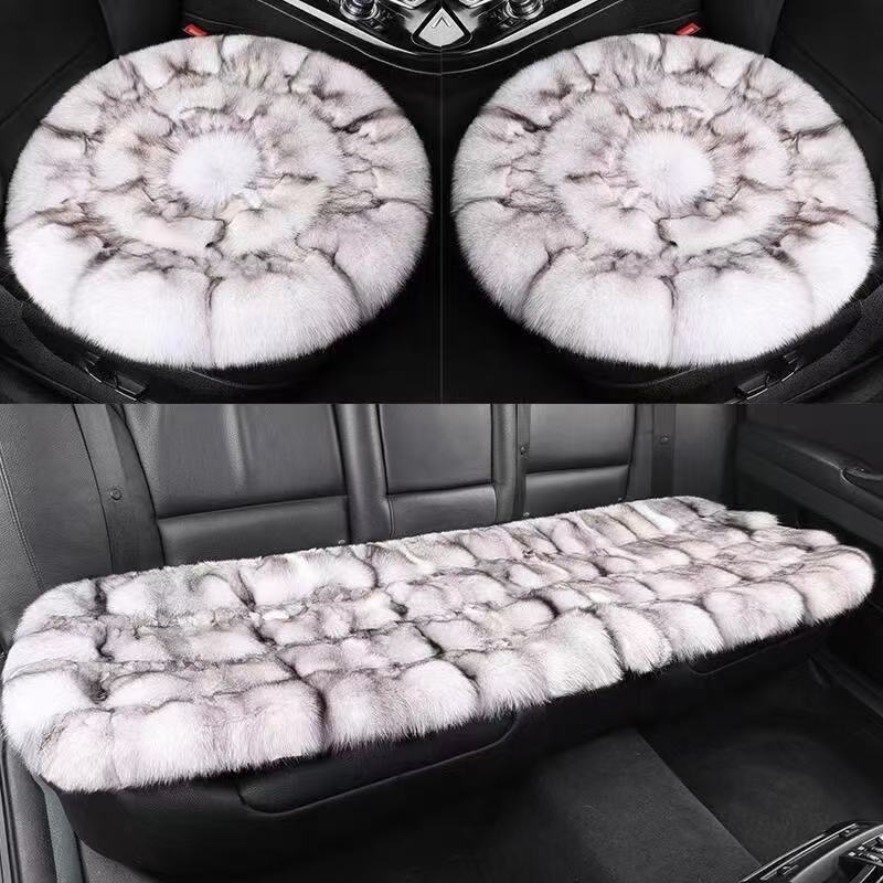 Fox fur car seat cushions, a luxurious and warm winter set, featuring high-quality faux fur and genuine fox fur, with a round design and a set of three pieces
