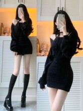 黑色性感辣妹针织连衣裙女秋装假两件紧身小个子纯欲后妈包臀短裙