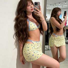 新款纯欲风碎花比基尼套装温柔风黄色碎花小清新海边度假泳衣批发