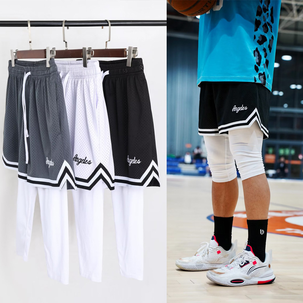 American quarter basketball tight with lining and quick drying f ake two-piece sports running training fitness pants_voghion.com