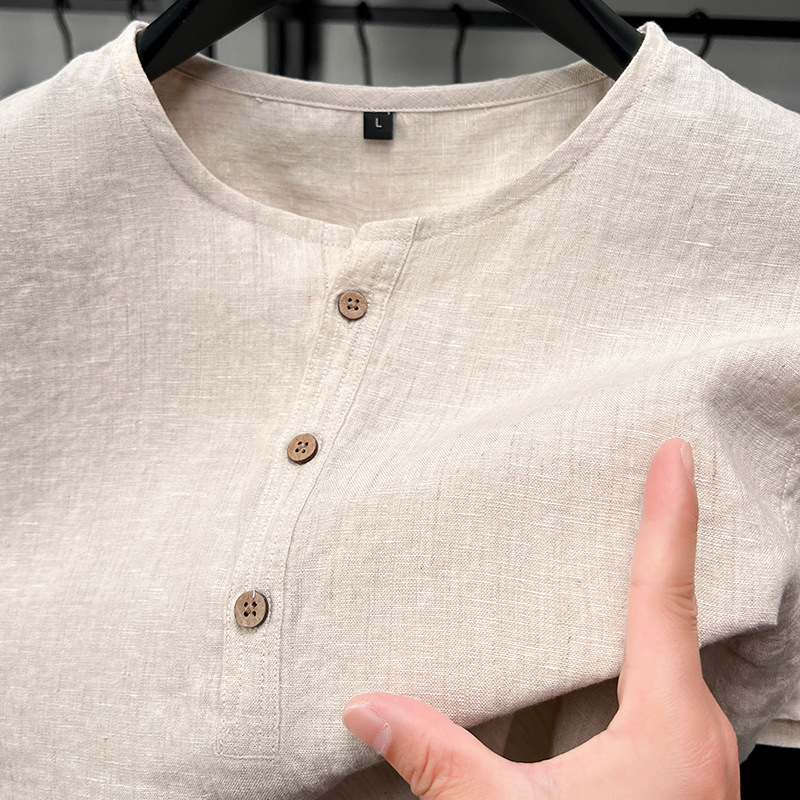 100% Linen Short-Sleeved T-Shirt Men's Round Neck Pure Color Casual Summer New Versatile Chinese Style Top for Young and Middle-Aged People 100% Linen Short-Sleeved T-Shirt Men's Round Neck Pure Color Casual Summer New Versatile Chinese Style Top for Young and Middle-Aged People