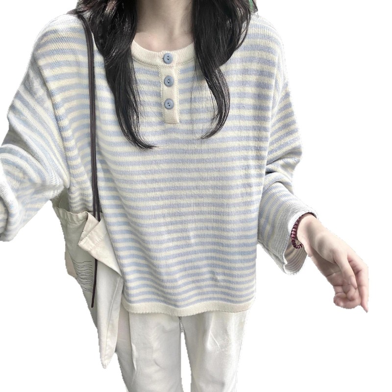 2025新款慵懒感蓝色条纹撞色针织衫上衣秋季穿搭宽松毛衣女早秋季|undefined