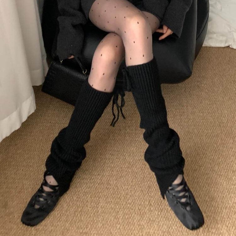 秋冬芭蕾风少女薄款绑带蝴蝶结堆堆针织纯色袜套韩系百搭开叉腿套|undefined