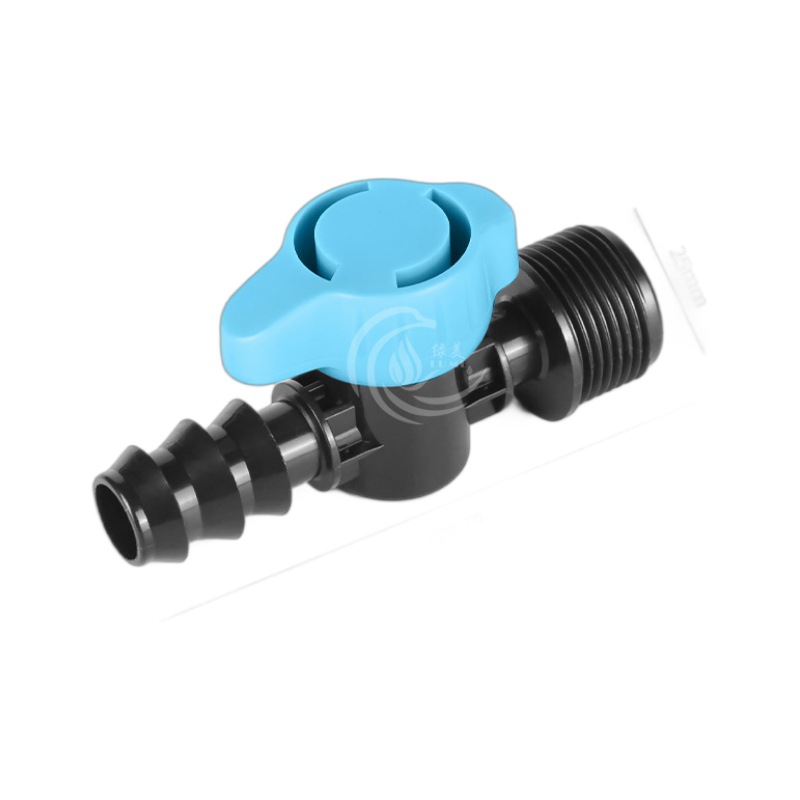 Nuevo mango azul 16 20 tubo PE 4 válvula de dientes externos 1 / 2 3/4 filamento externo micro spray goteo tubo PE válvula de bola de conmutación