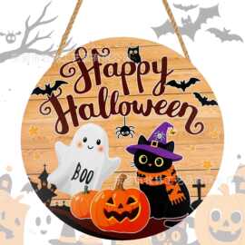 万圣节HappyHalloween圆形木质挂牌幽灵黑猫南瓜印花鬼节派对装饰