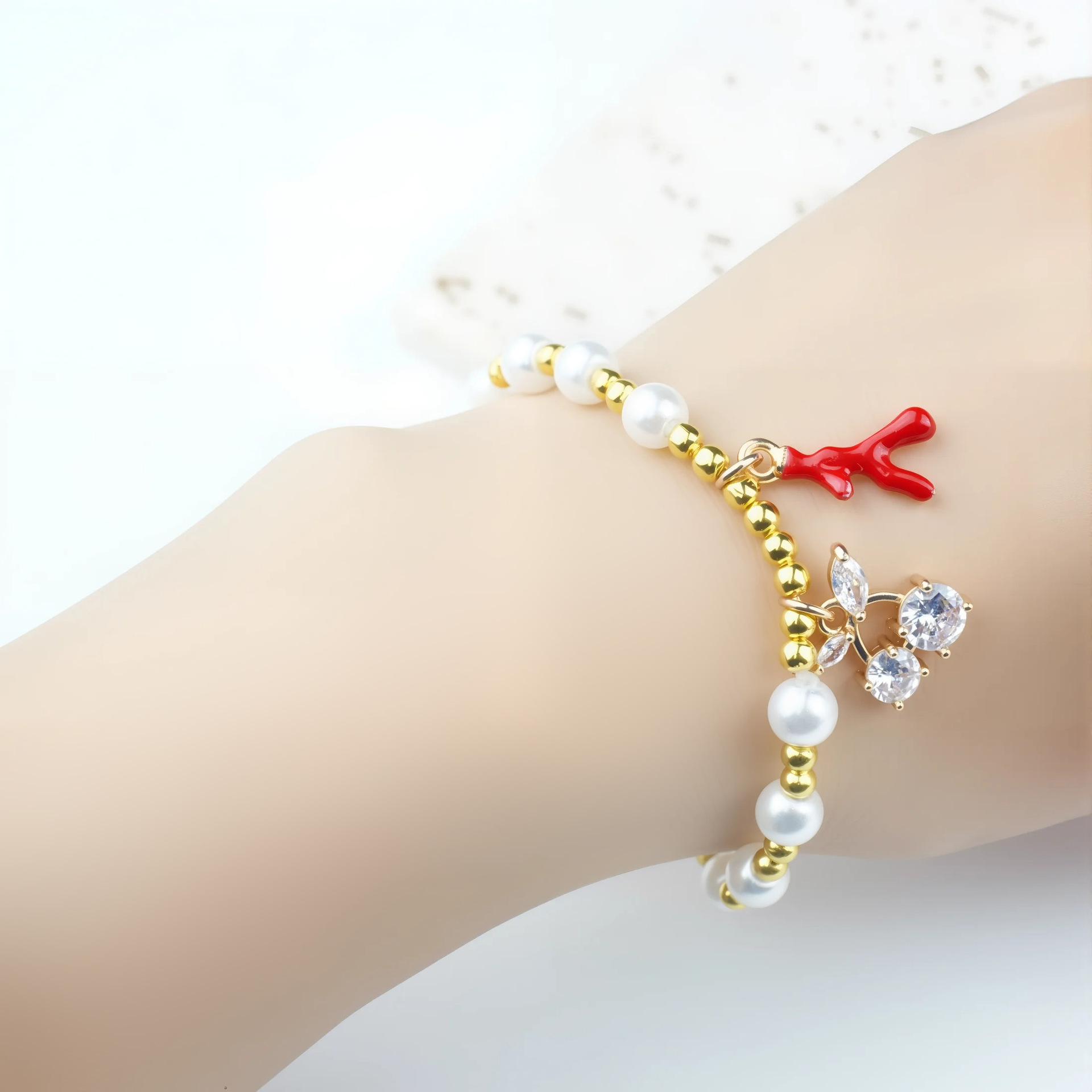 Cherry Pattern Cute Cherry 304 Stainless Steel Beaded Chain Bracelets In Bulk