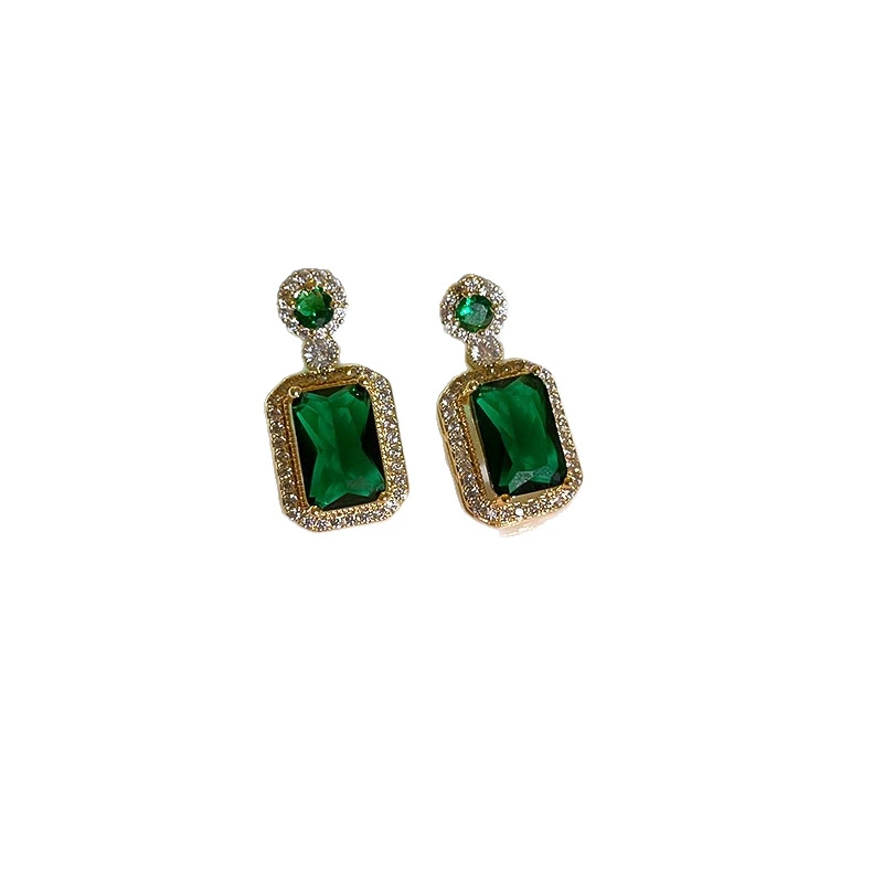  Retro fashionable universal necklace and bracelet emerald, ring, earrings, set, with gem, simple and elegant design