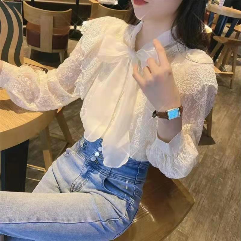 Lace silk spring shirt with bow