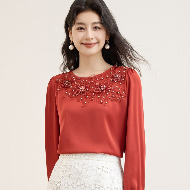 2025秋季新款钉珠雪纺衫女上衣气质小衫长袖女衬衣9560|undefined