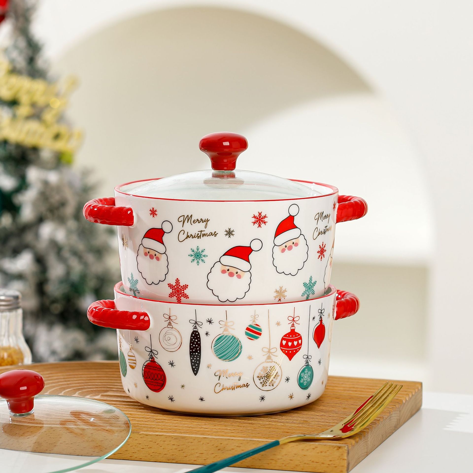 Cuenco de fideos instantáneos de cerámica con tapa de Navidad