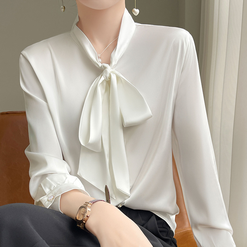 Silk Ribbon Bow Shirt White Bottoming Shirt Women's Inner Autumn Top Mulberry Silk Long-Sleeved Shirt