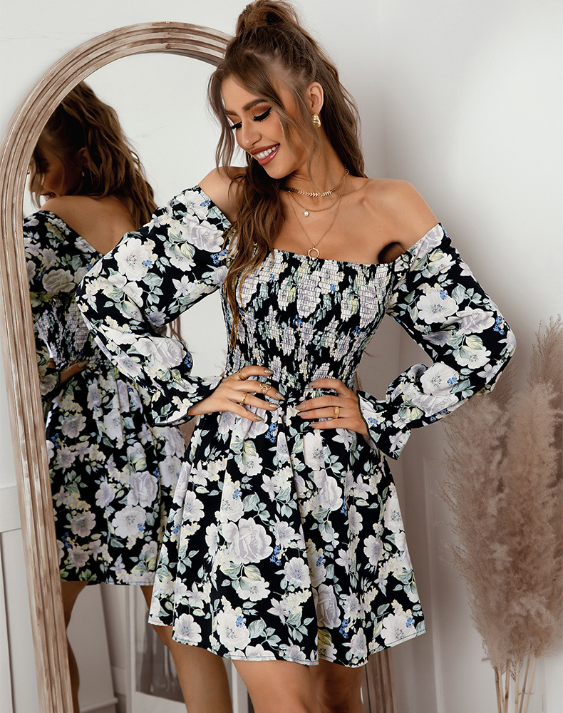 Long Sleeve Square Neck Slim Floral Dress NSDY114425