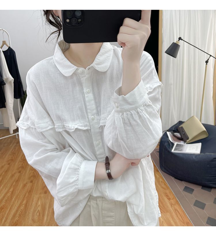 Women's Cotton Linen Blouse With Ruffles And Lantern Sleeves_voghion.com