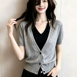 设计感撞色假两件挂脖V领针织短袖女2026新款夏季薄款针织衫上衣