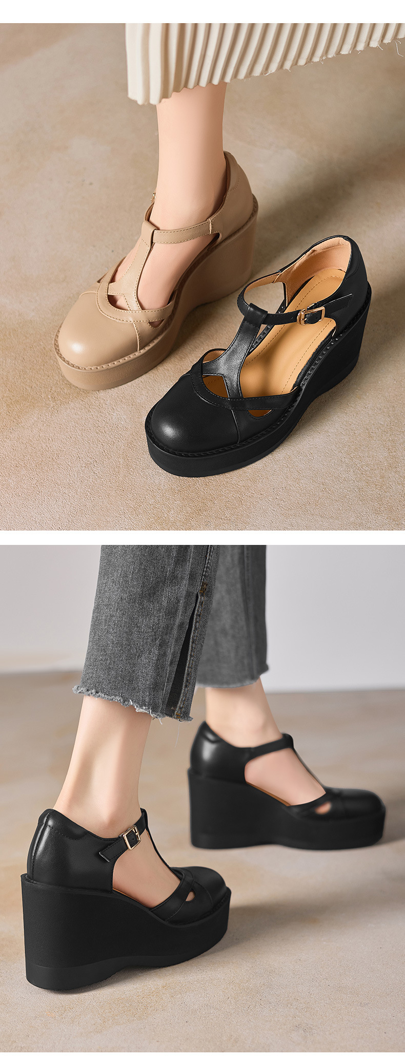 Sandal cao gót nữ quai ngang khóa T, đế dày platform, gót 9.5 cm — đen chi tiết 4