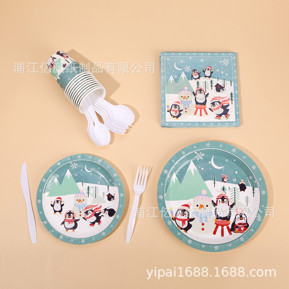 Tema de Navidad Muñeco de nieve azul pingüino juego de vajilla desechable bandeja de papel vaso de papel toalla de papel suministros de decoración de fiesta