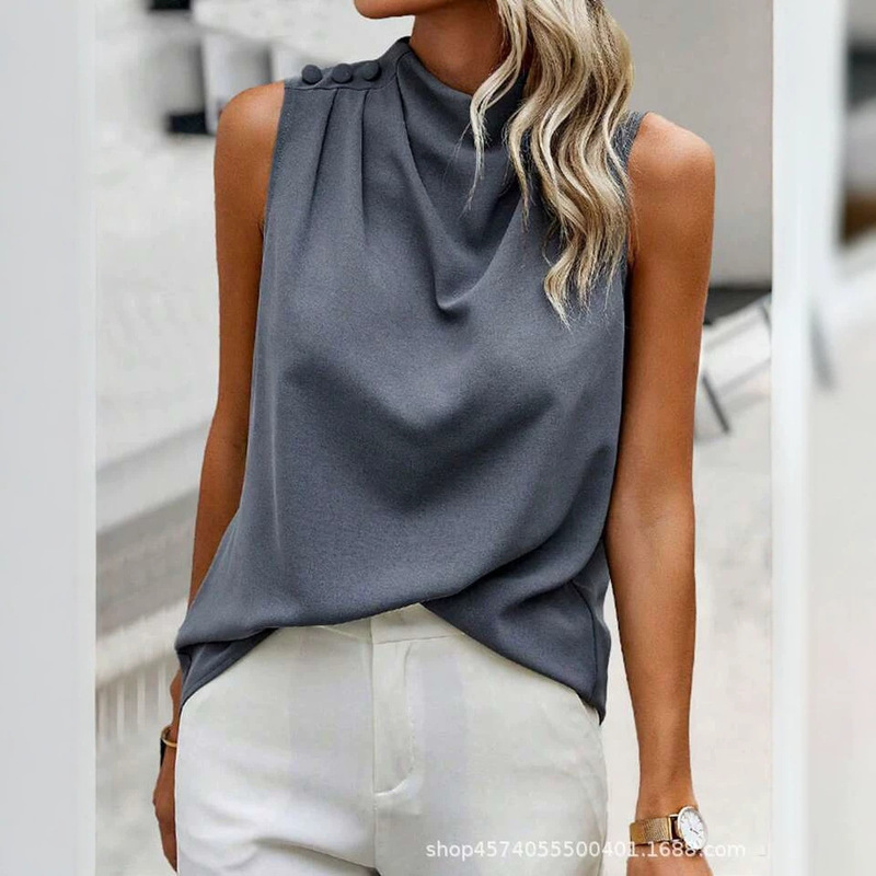 Women's Summer Stand-Up Collar Pleated Solid Color Button-Decorated Loose Casual Sleeveless Shirt Cross-Border European and American Amazon t Women's Summer Stand-Up Collar Pleated Solid Color Button-Decorated Loose Casual Sleeveless Shirt Cross-Border European and American Amazon t