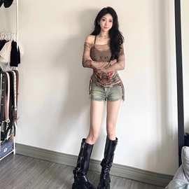 官图实价 美式辣妹T恤女春夏网纱薄长袖防晒罩衫抽绳空调房衫上衣