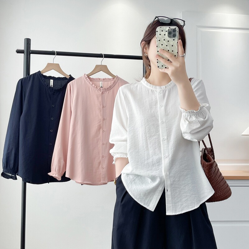 Women's long-sleeve shirt, plus size, 2026 spring new style, for plus-size women, with ruffled edges, loose casual base shirt 2603