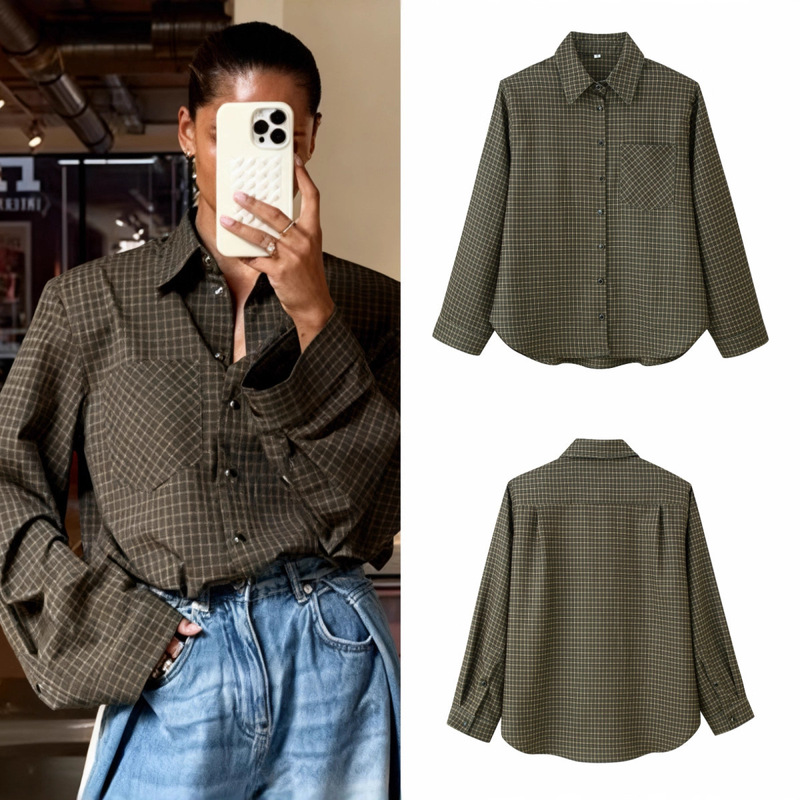 Za Cross-Border Export Spot European and American Style Women's Winter New Fashion Long-Sleeved Lapel Plaid Shirt with Shoulder Pads