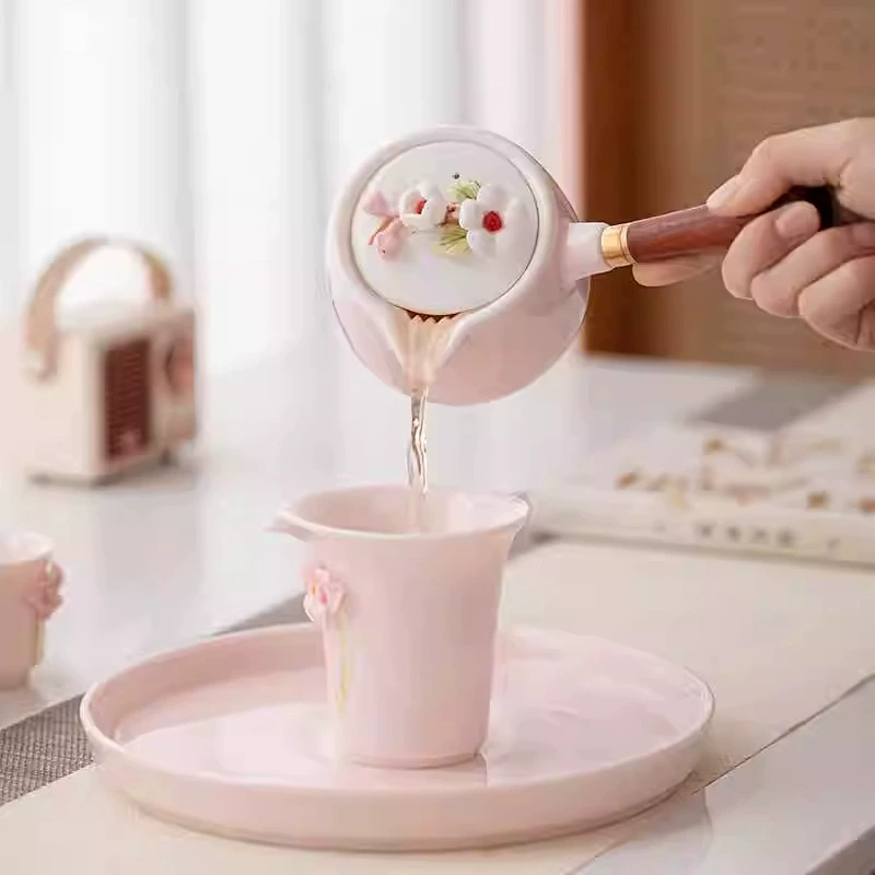 Fuchsia handheld tea set, storage system, teapot, ceramic tea cup, custom-made