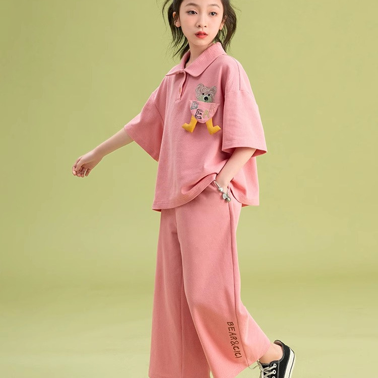 女童洋气阔腿裤套装中大童夏2025新款休闲儿童短袖T恤运动两件套