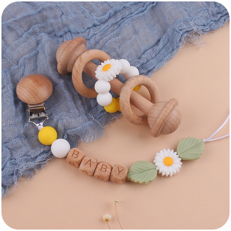 New Beech juguete para niños sonajero mordedor calmante bebé DIY Daisy cuentas de silicona Cadena de pezón conjunto de dos piezas
