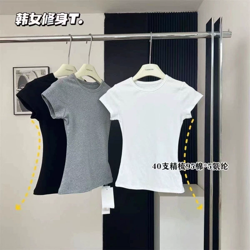 Серая футболка из чистого хлопка с правым плечом и круглым вырезом, с короткими рукавами, женская летняя новая популярная рубашка с утягивающим эффектом, топ