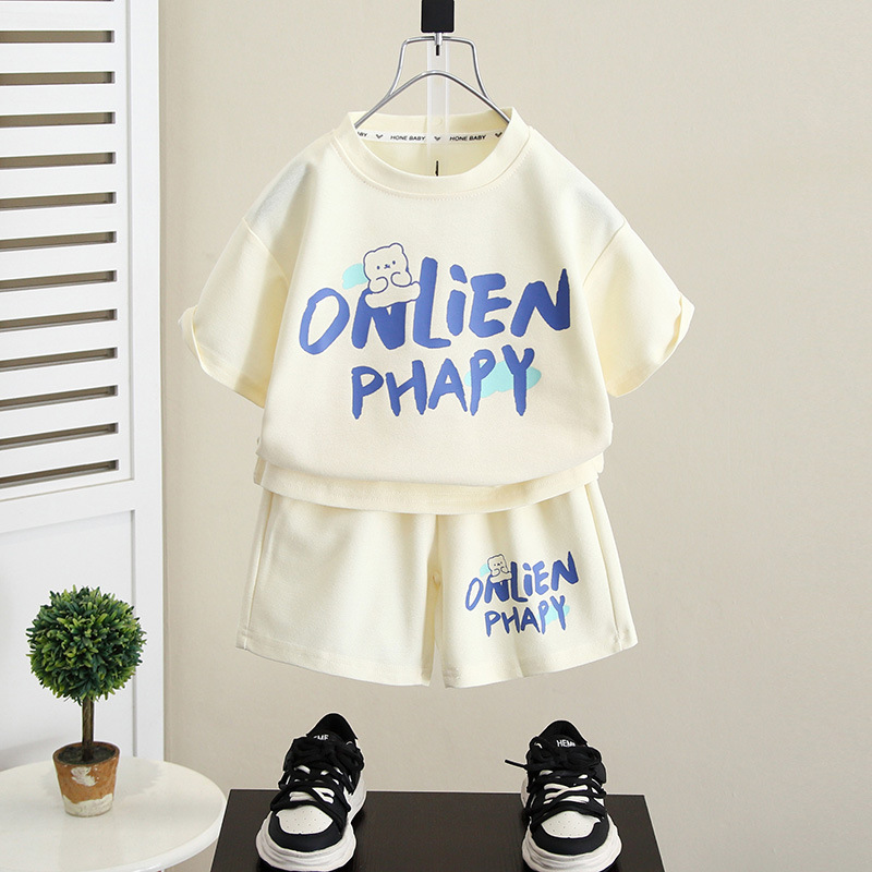 5442 Traje de manga corta para niños Verano 2025 Nuevo estilo de verano para niños Vestido de verano de media manga delgada para bebés Ropa de calle frita