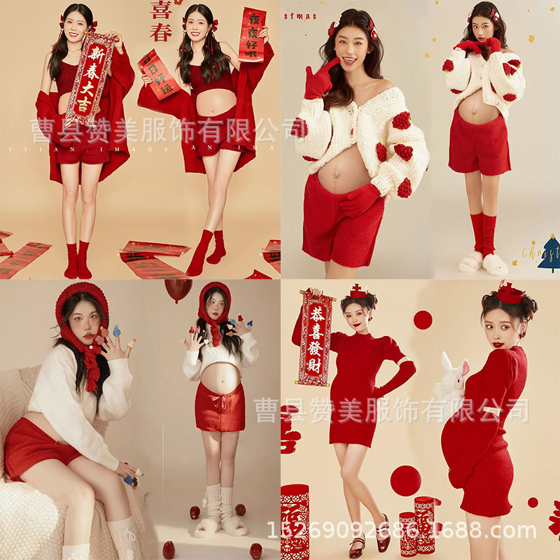 Photo Studio New Dragon year pregnant women photography clothing New Year theme Dragon year pregnant mommy photography red sweater at home shooting