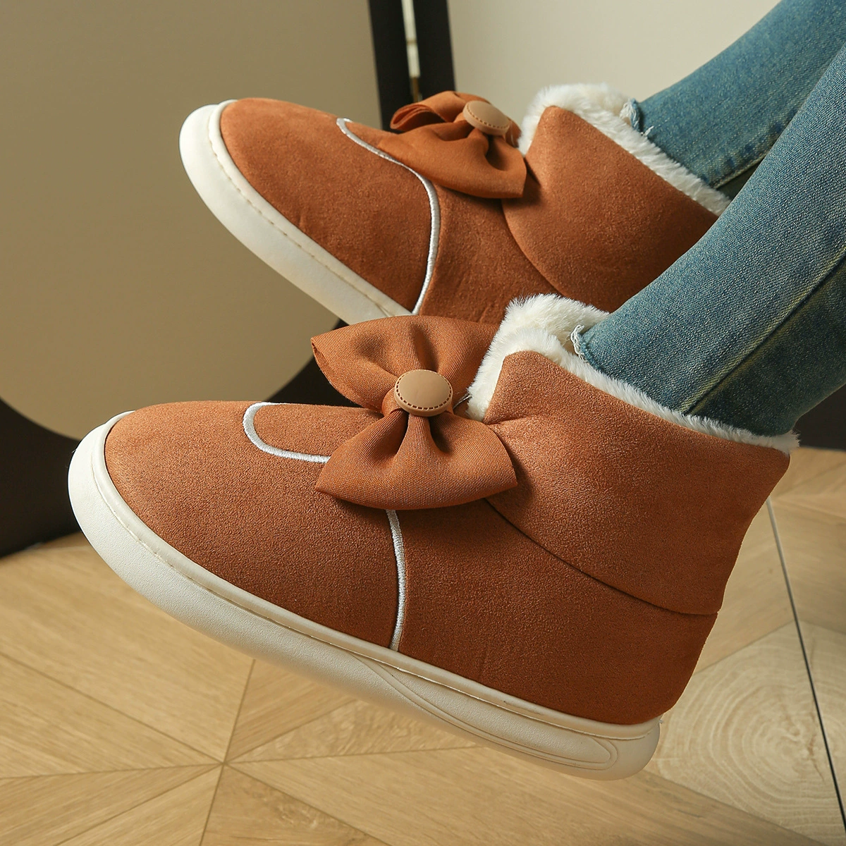 Женские хлопковые туфли и сапоги Temushein с бантом, теплые, с утеплителем для ног, дизайн с бантом, для осенне-зимних видов спорта, нескользящие, для домашнего использования.