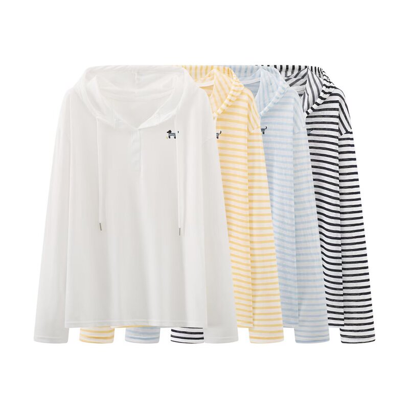 2026 Summer New Cross-Border Women's Fashion Casual Hooded T-Shirt with Dog Embroidery, Sun Protection, Long Sleeves, Thin and Loose Fit, Slimming Effect